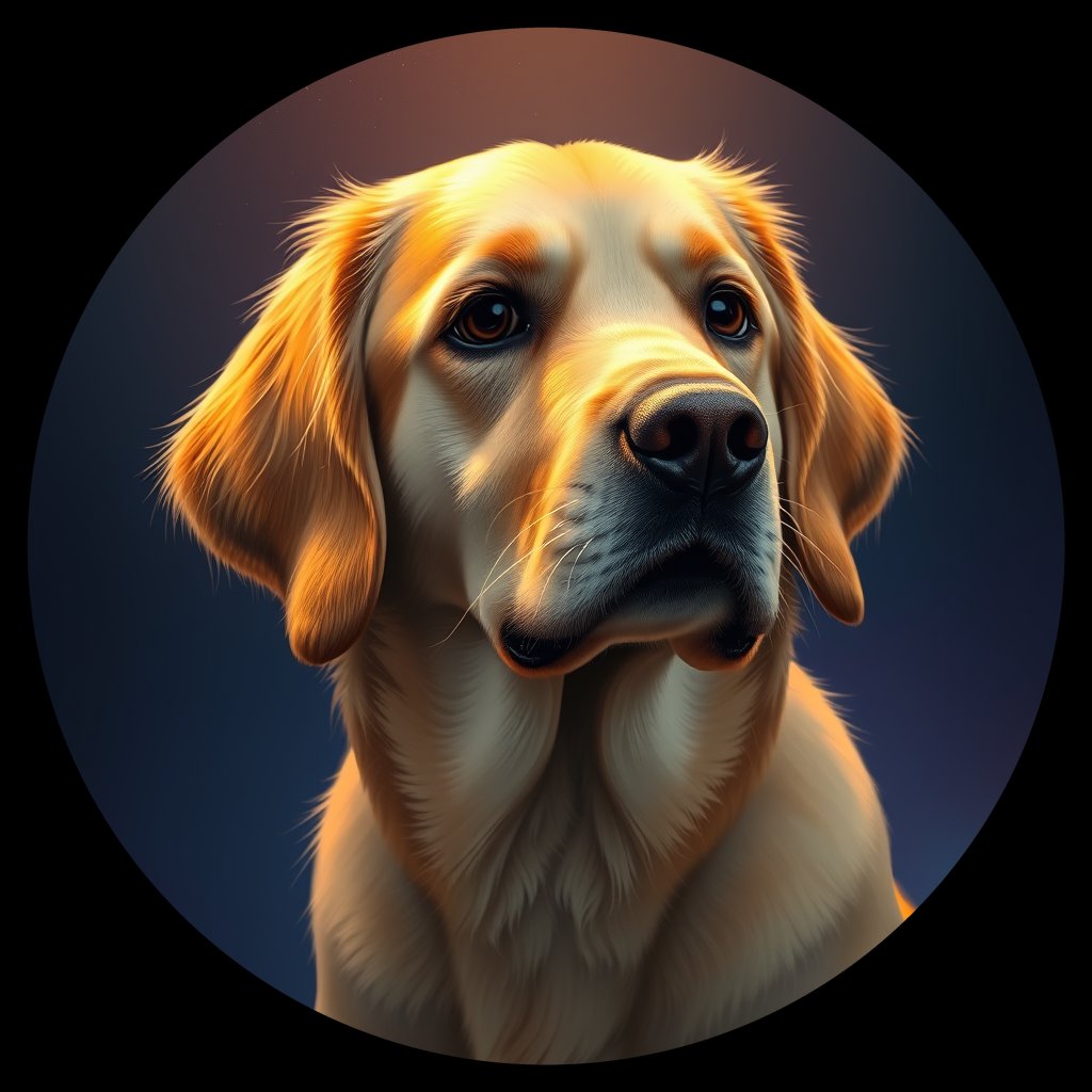 Cosmic medallion portrait of PILOT_grls6G37VK44, a Golden Retriever
