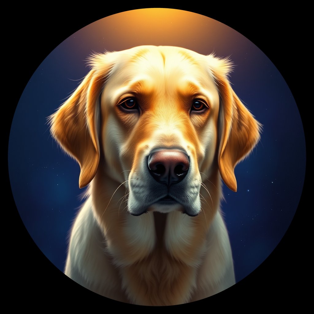 Cosmic medallion portrait of PILOT_grls6T9NIGJJ, a Golden Retriever