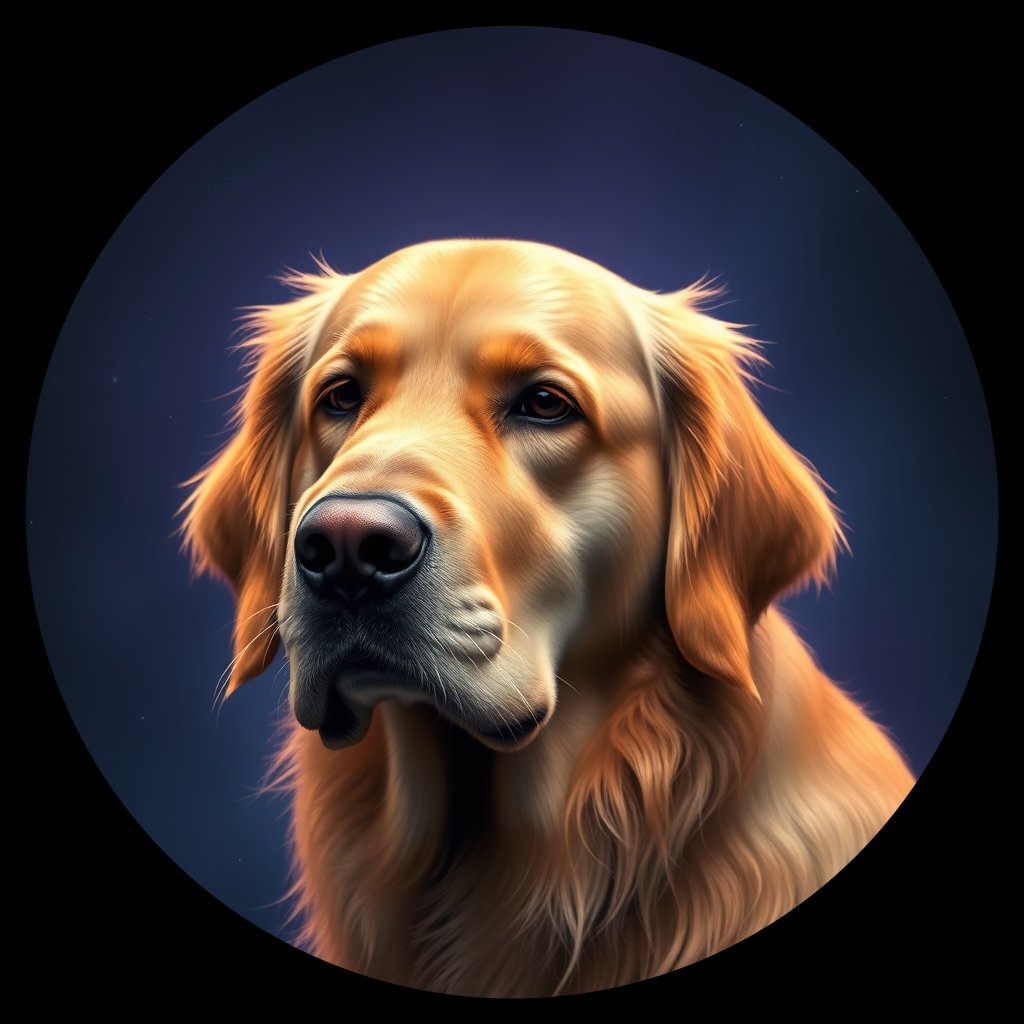 Cosmic medallion portrait of PILOT_grls6ZTQCTT, a Golden Retriever