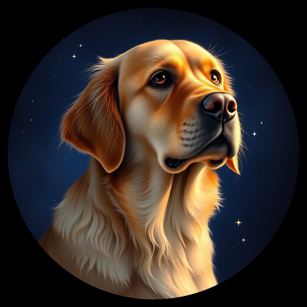 Cosmic medallion portrait of PILOT_grls79DLVC77, a Golden Retriever