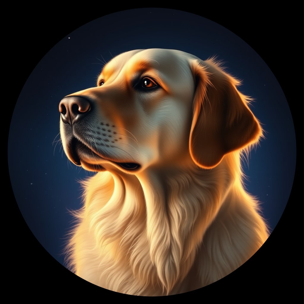 Cosmic medallion portrait of PILOT_grls7O56EF66, a Golden Retriever