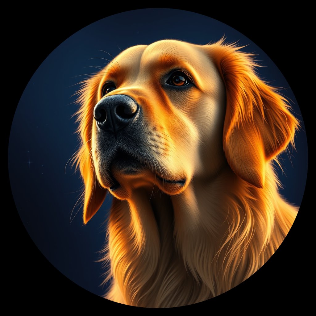 Cosmic medallion portrait of PILOT_grls8JQ7LIII, a Golden Retriever