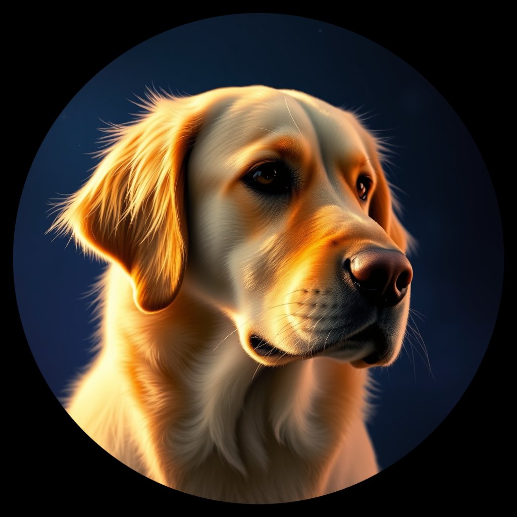 Cosmic medallion portrait of PILOT_grls8P7Z4RUU, a Golden Retriever
