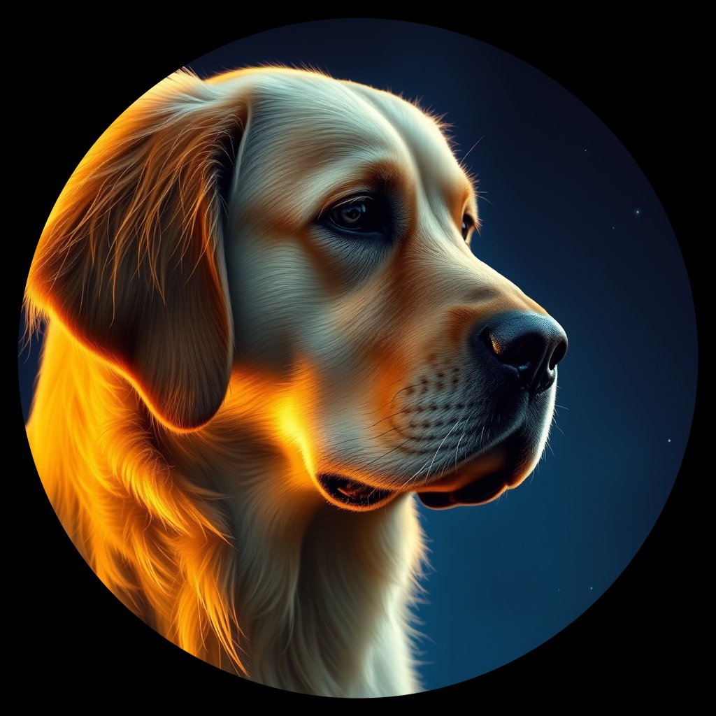 Cosmic medallion portrait of PILOT_grls8TUR3477, a Golden Retriever