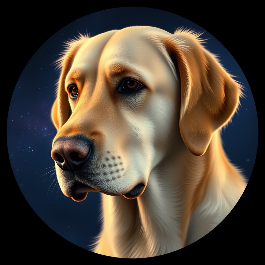 Cosmic medallion portrait of PILOT_grls9VGH9WKK, a Golden Retriever