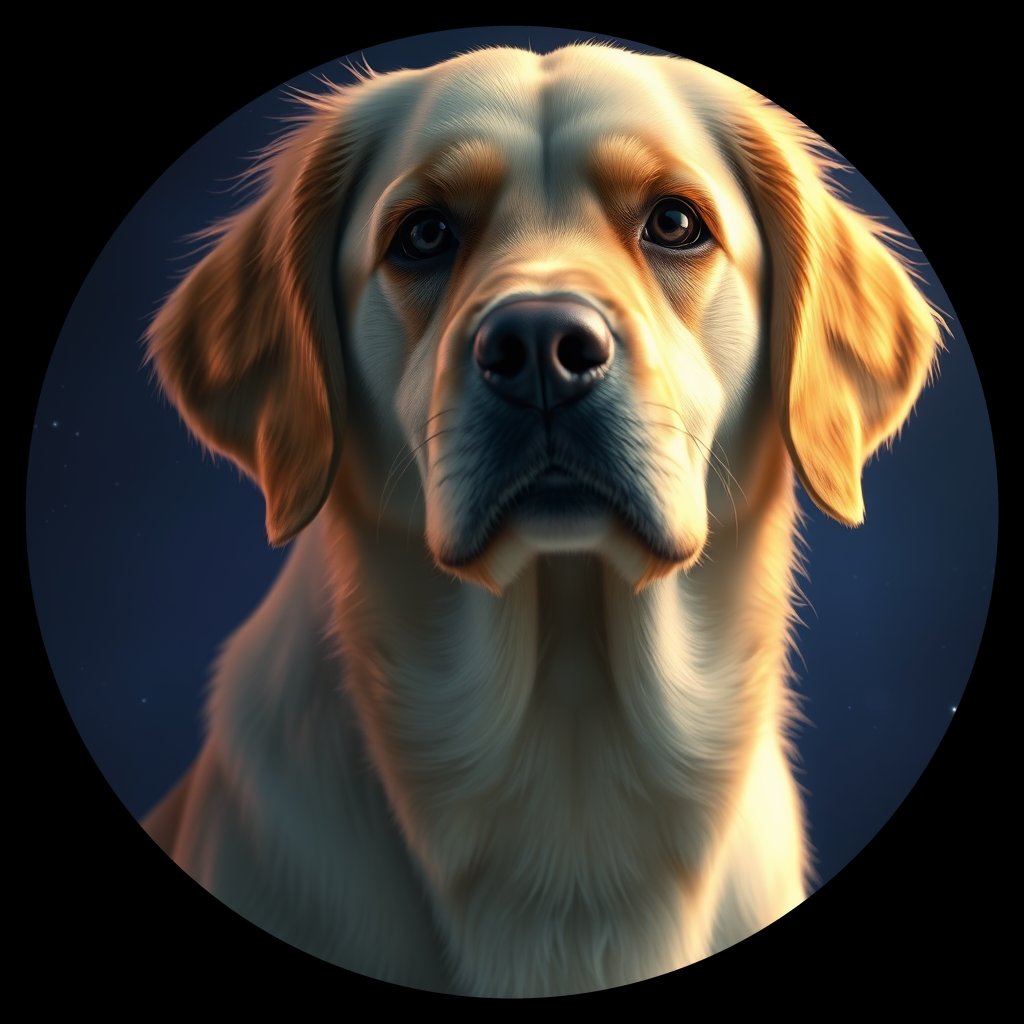 Cosmic medallion portrait of PILOT_grlsB6NLVIUU, a Golden Retriever