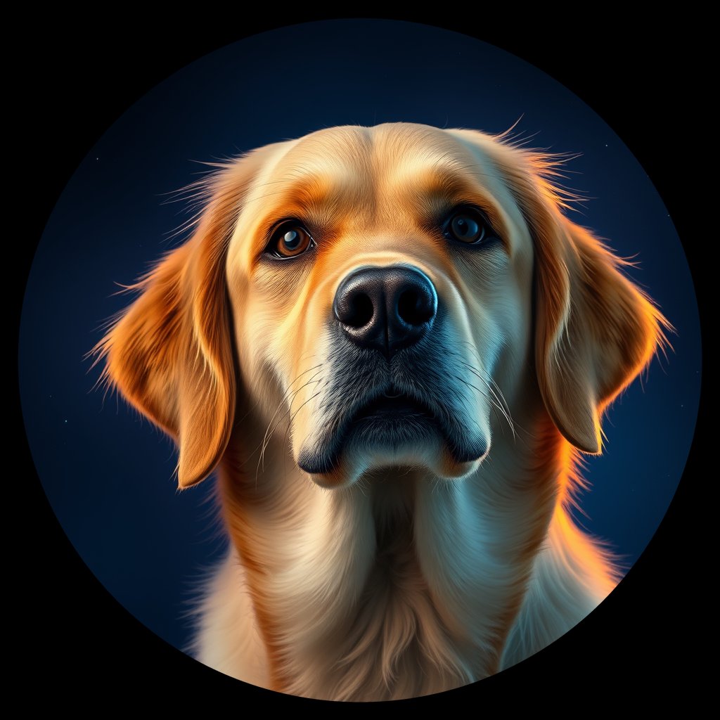 Cosmic medallion portrait of PILOT_grlsBAR8INCC, a Golden Retriever