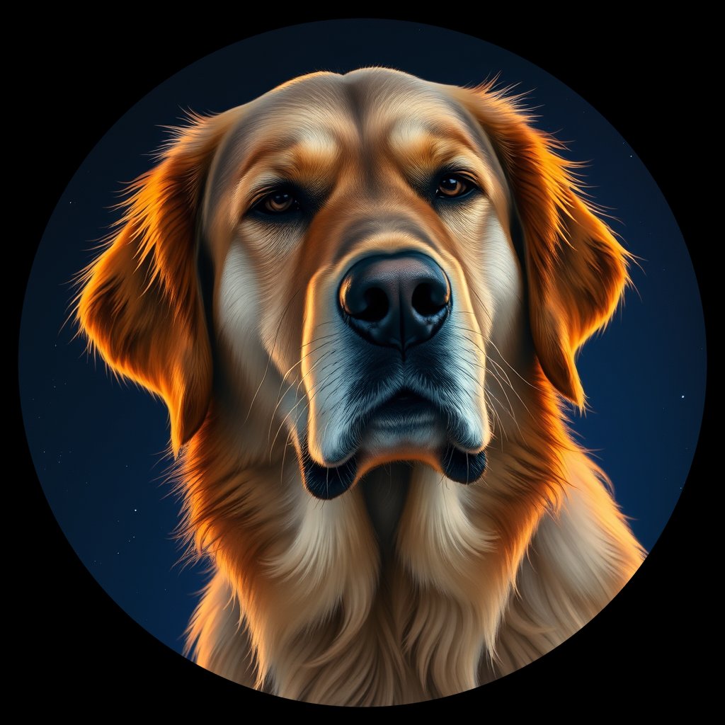 Cosmic medallion portrait of PILOT_grlsCPP2Z3DD, a Golden Retriever