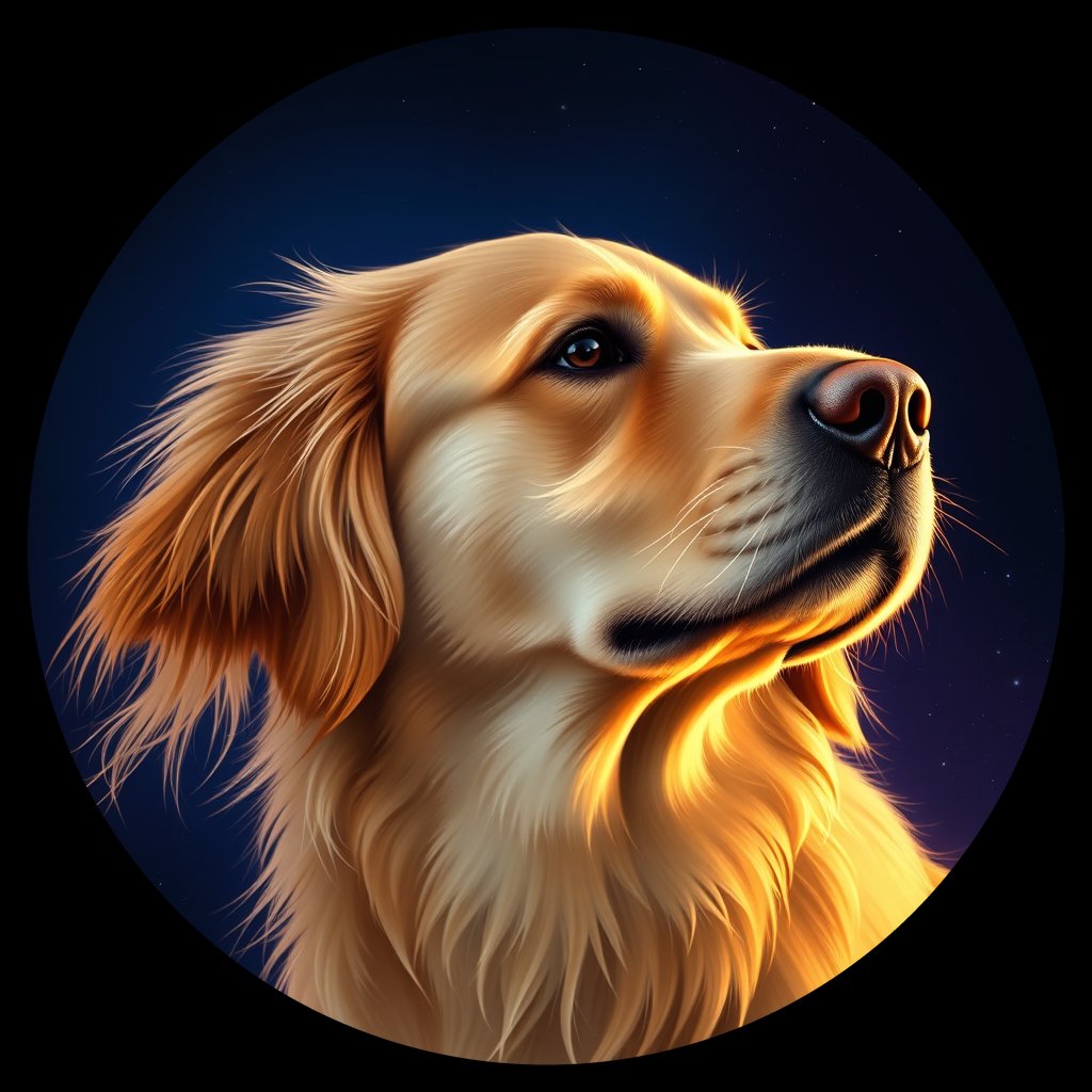 Cosmic medallion portrait of PILOT_grlsCQFTVALL, a Golden Retriever