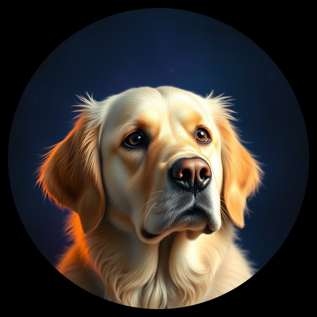 Cosmic medallion portrait of PILOT_grlsCZAFQ7II, a Golden Retriever