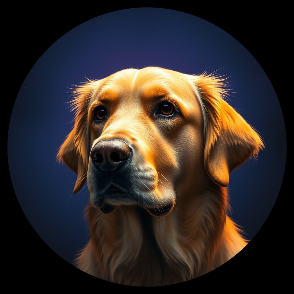 Cosmic medallion portrait of PILOT_grlsDK126FHH, a Golden Retriever