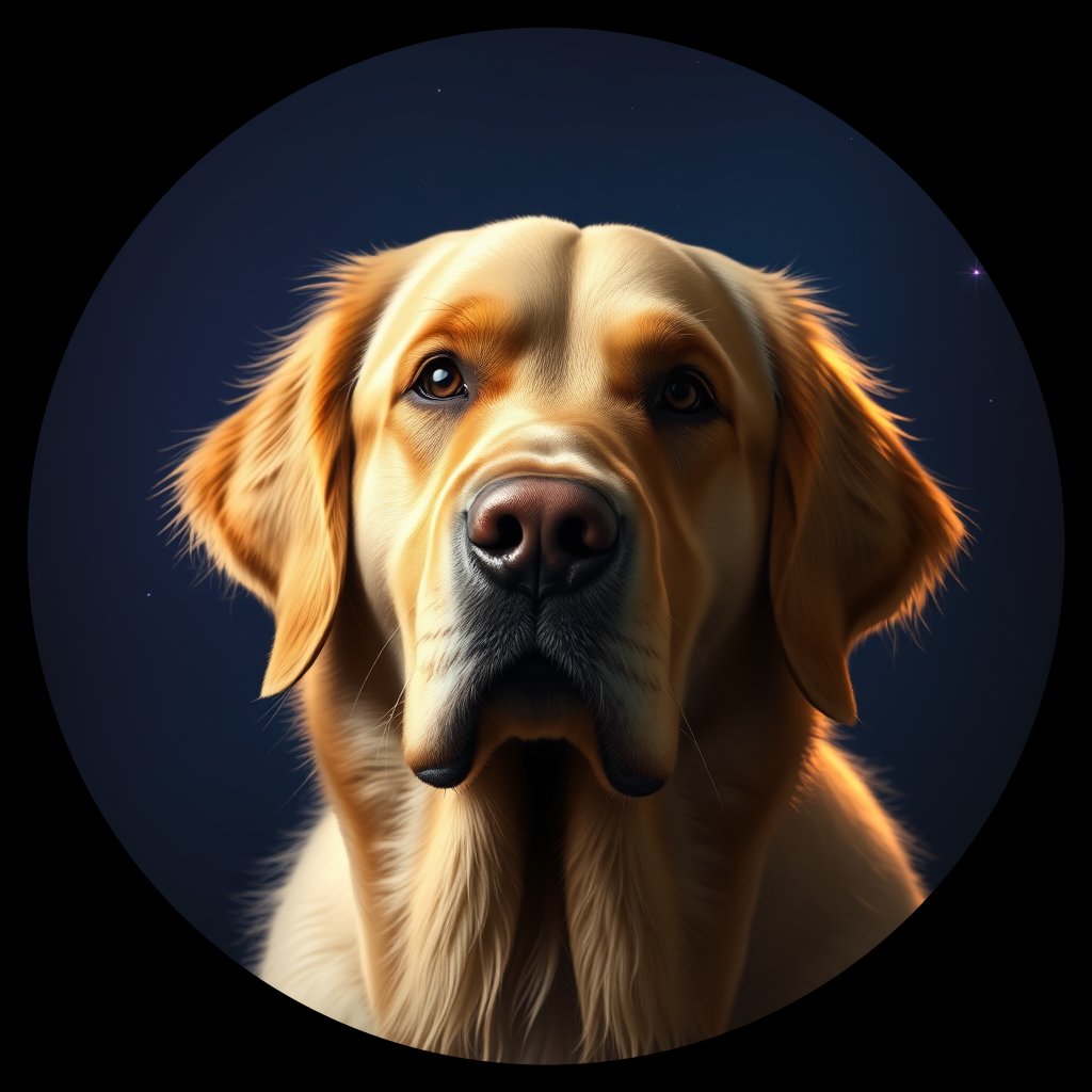 Cosmic medallion portrait of PILOT_grlsE3HO8RII, a Golden Retriever