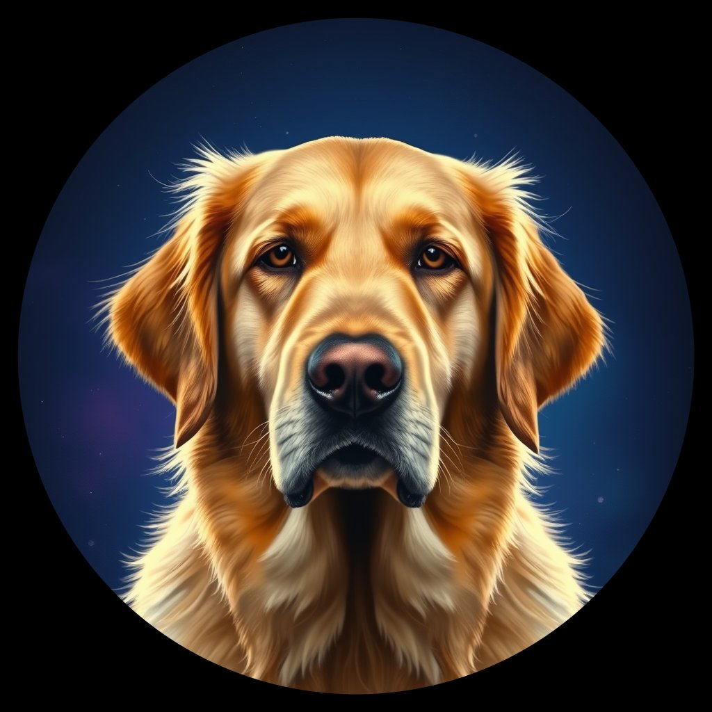 Cosmic medallion portrait of PILOT_grlsEAMQWTKK, a Golden Retriever