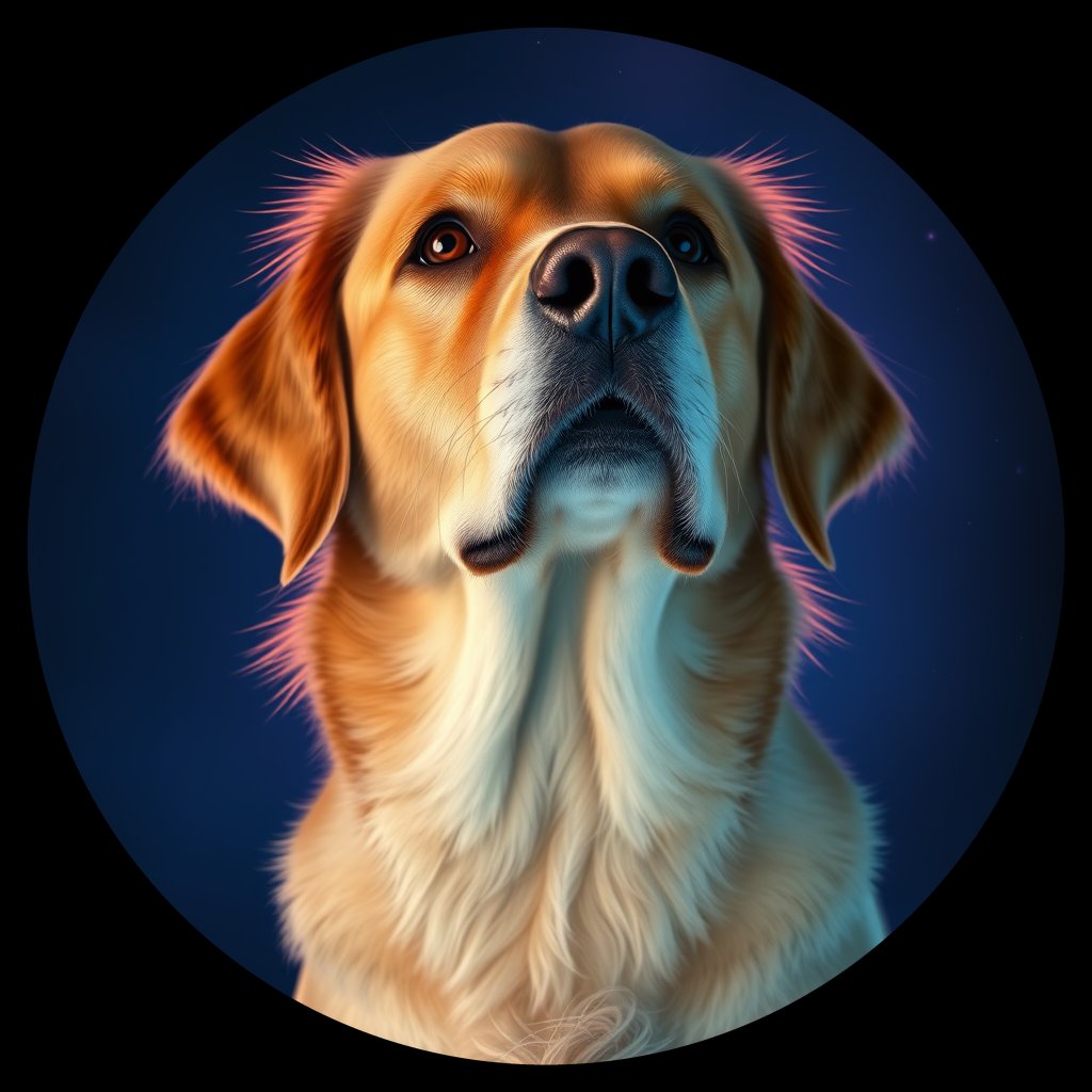 Cosmic medallion portrait of PILOT_grlsEF3EEUVV, a Golden Retriever