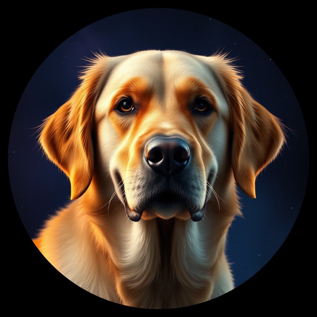 Cosmic medallion portrait of PILOT_grlsELLCG2EE, a Golden Retriever