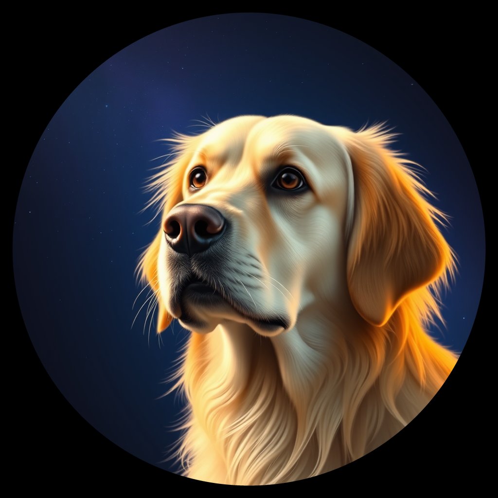 Cosmic medallion portrait of PILOT_grlsF6RLMICC, a Golden Retriever