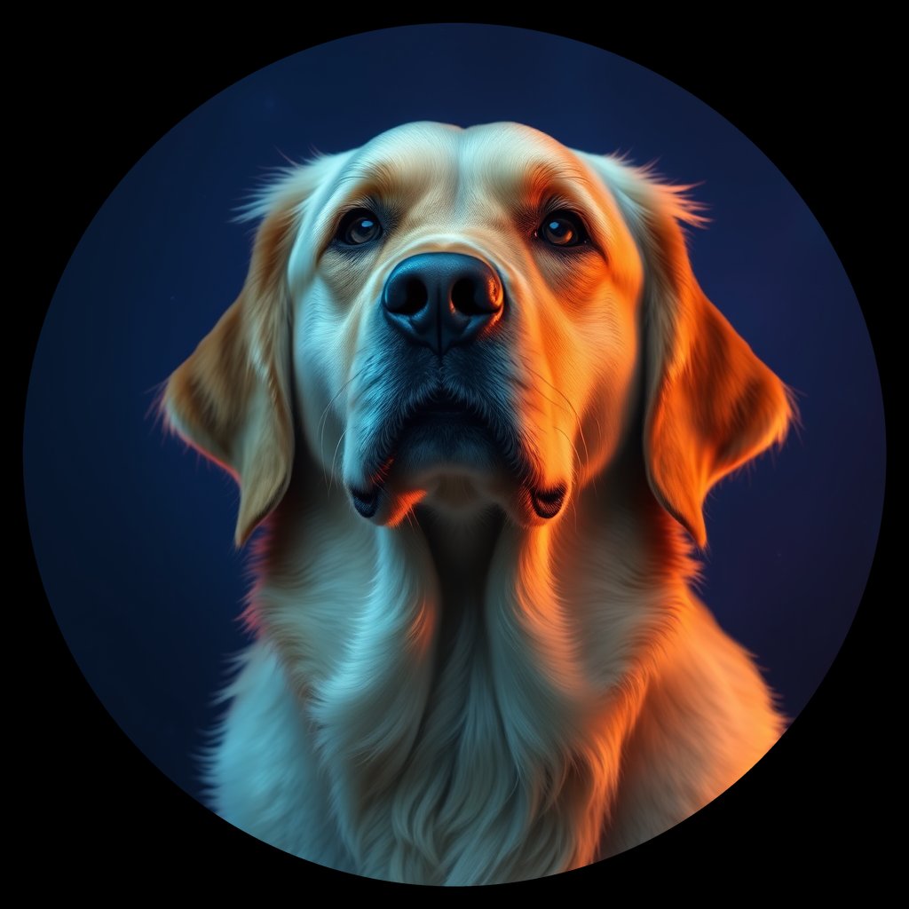 Cosmic medallion portrait of PILOT_grlsF7XPY7CC, a Golden Retriever