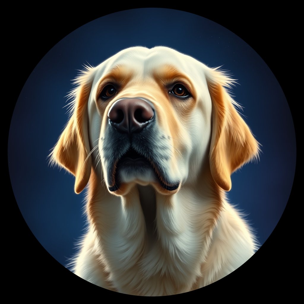 Cosmic medallion portrait of PILOT_grlsFIQS65WW, a Golden Retriever