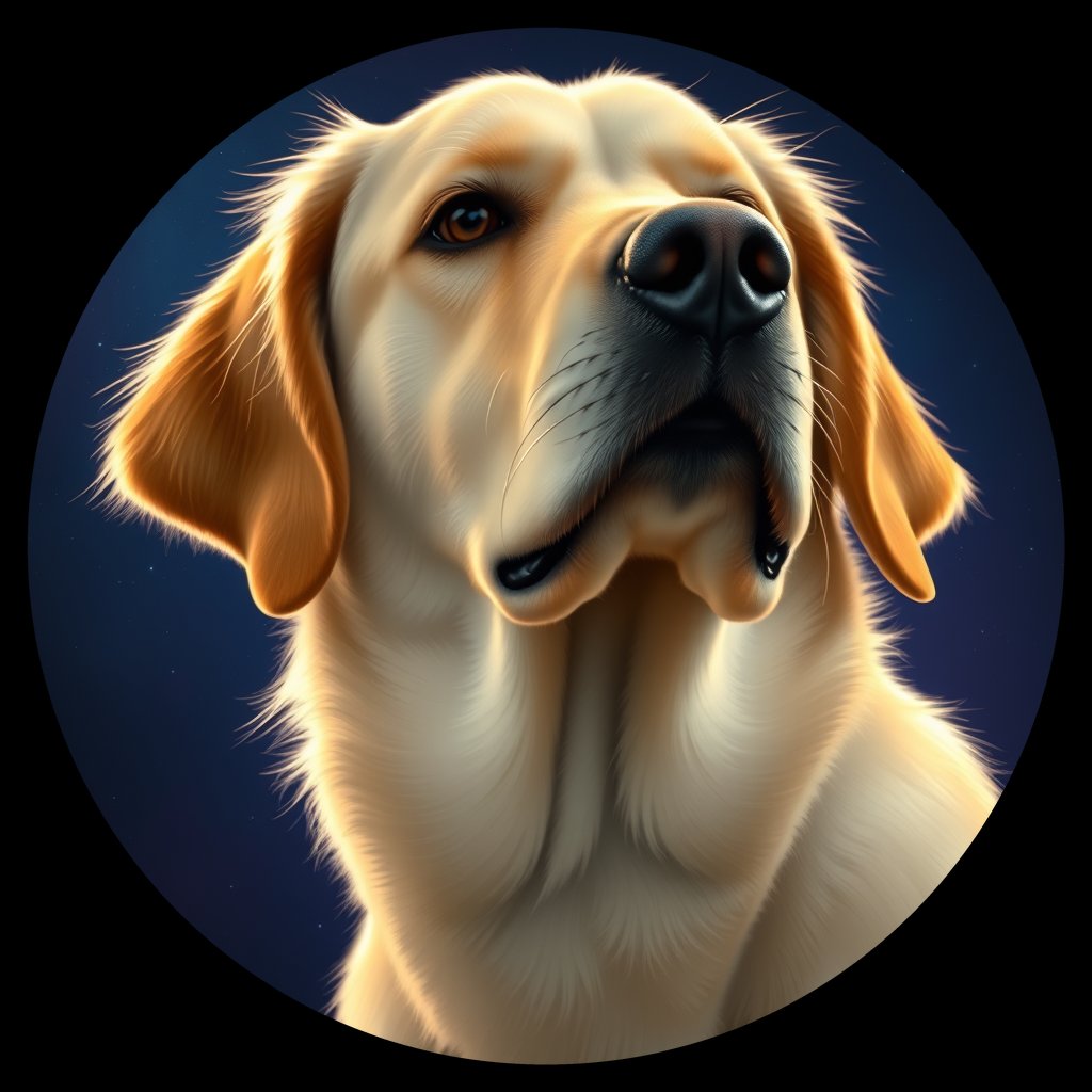 Cosmic medallion portrait of PILOT_grlsGRLXJ333, a Golden Retriever