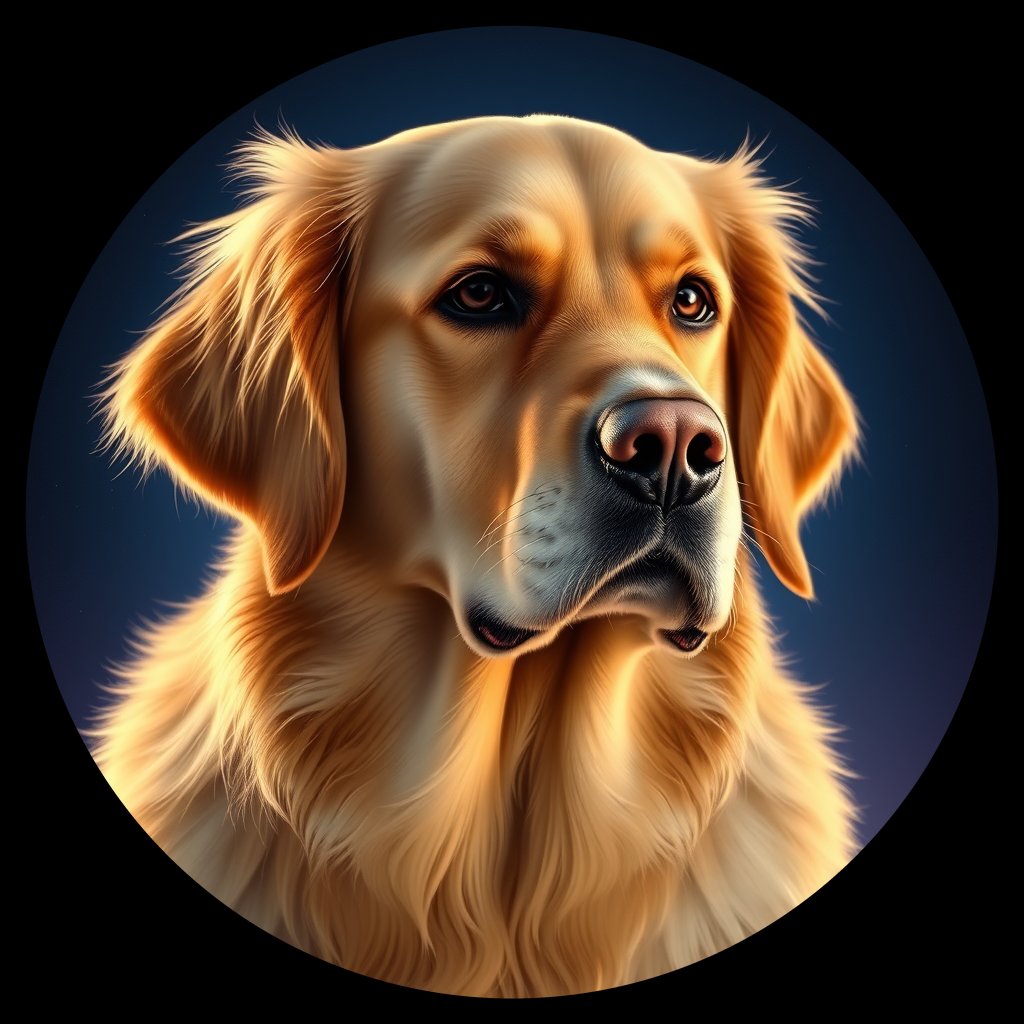 Cosmic medallion portrait of PILOT_grlsH1FCL5JJ, a Golden Retriever