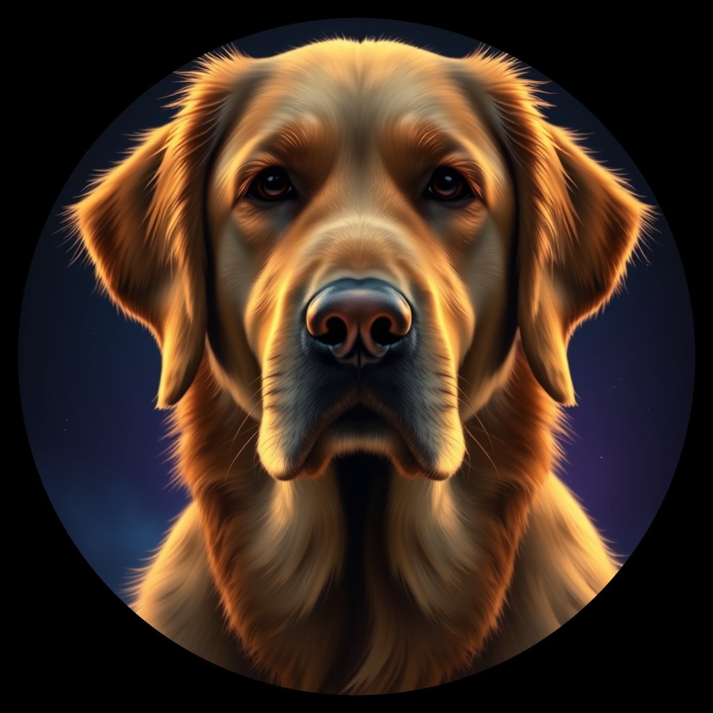 Cosmic medallion portrait of PILOT_grlsHL9OSX55, a Golden Retriever