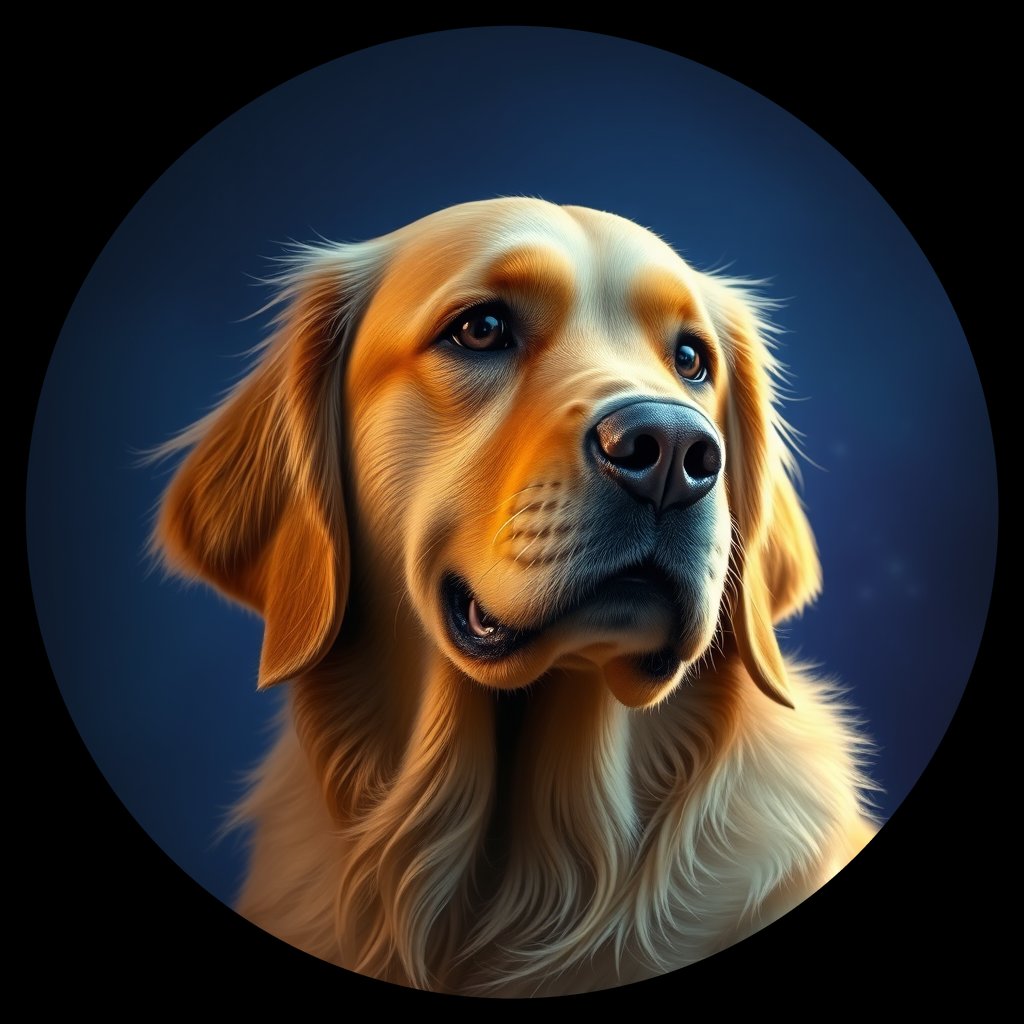 Cosmic medallion portrait of PILOT_grlsI61NK22, a Golden Retriever