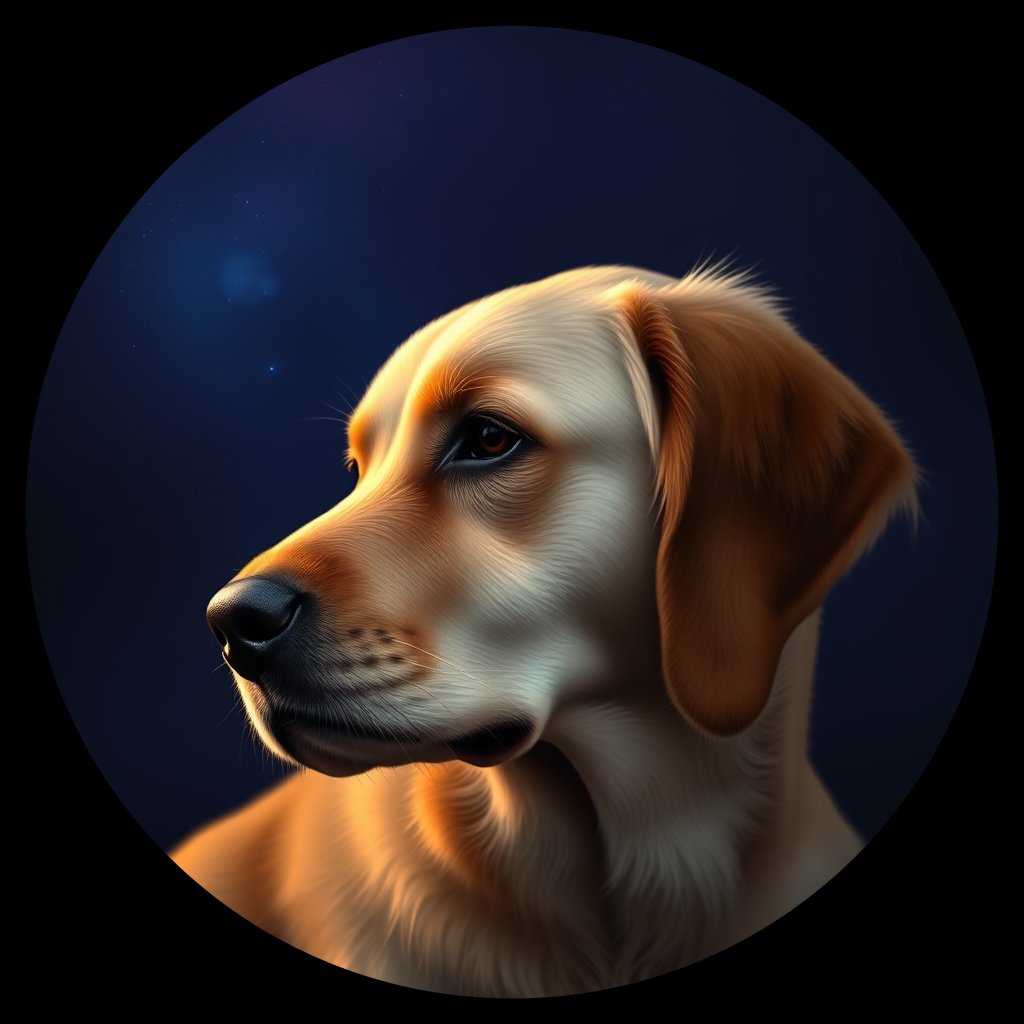 Cosmic medallion portrait of PILOT_grlsI831ES77, a Golden Retriever