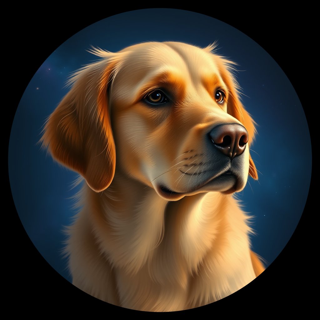 Cosmic medallion portrait of PILOT_grlsIB9ZRE88, a Golden Retriever