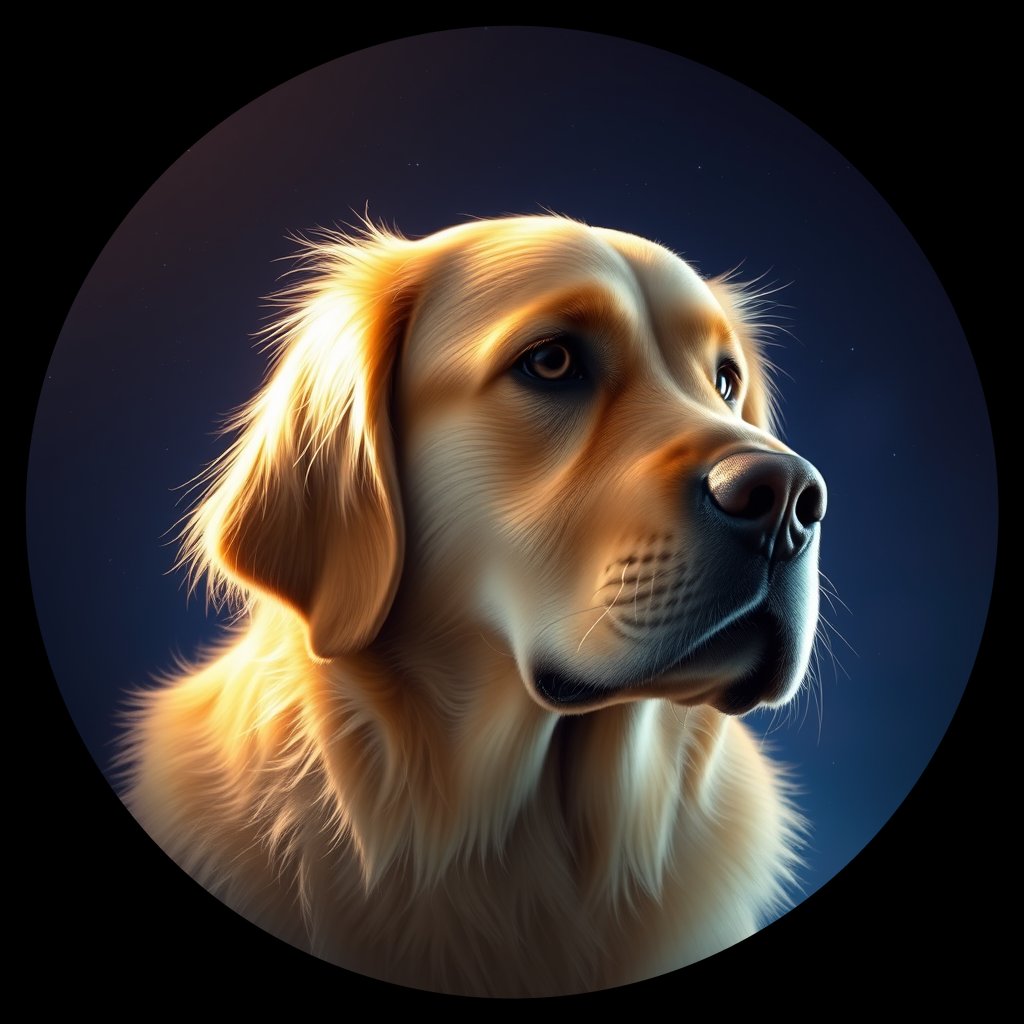 Cosmic medallion portrait of PILOT_grlsIF12B9VV, a Golden Retriever