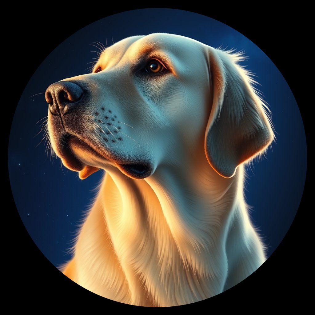 Cosmic medallion portrait of PILOT_grlsJ1UUTL, a Golden Retriever
