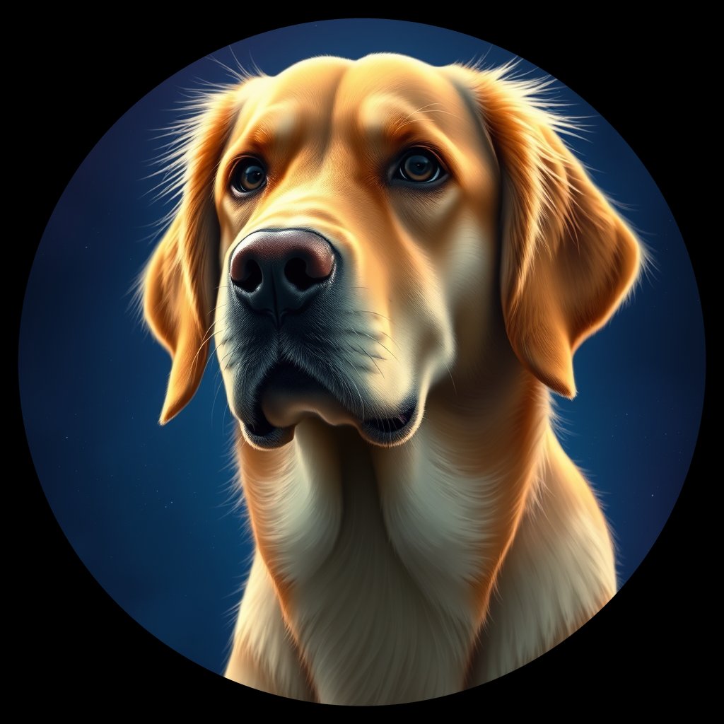 Cosmic medallion portrait of PILOT_grlsJ1UYSDSS, a Golden Retriever