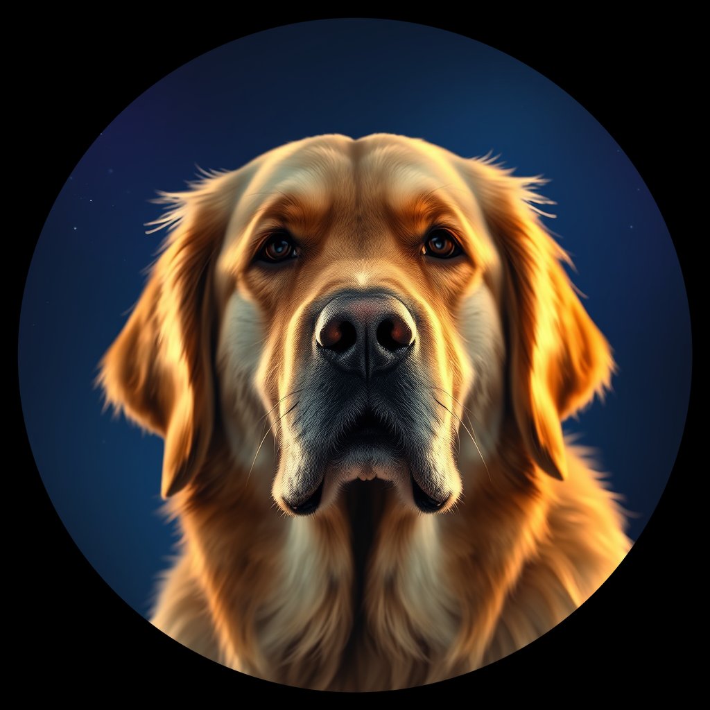 Cosmic medallion portrait of PILOT_grlsJ7NC68VV, a Golden Retriever