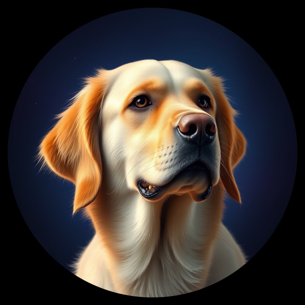 Cosmic medallion portrait of PILOT_grlsK78Y8VV, a Golden Retriever