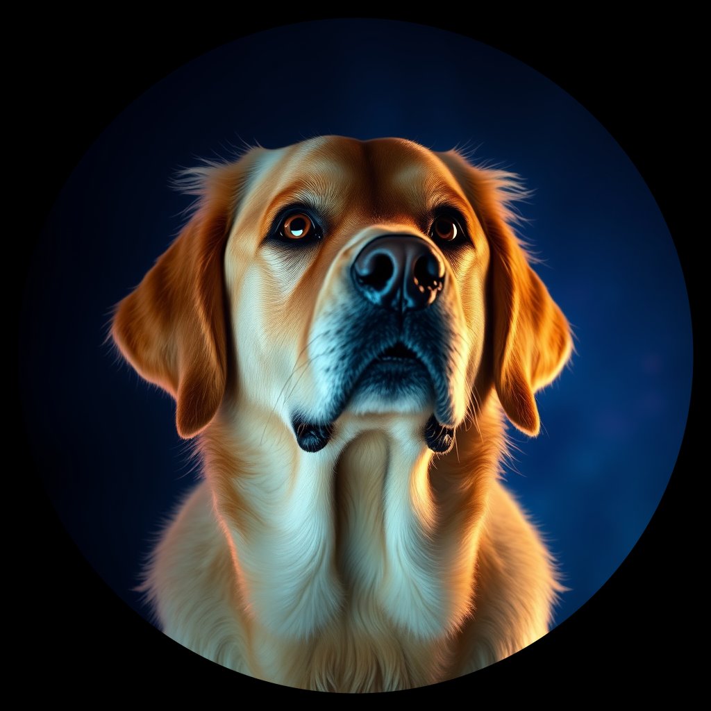 Cosmic medallion portrait of PILOT_grlsKJ6GK277, a Golden Retriever