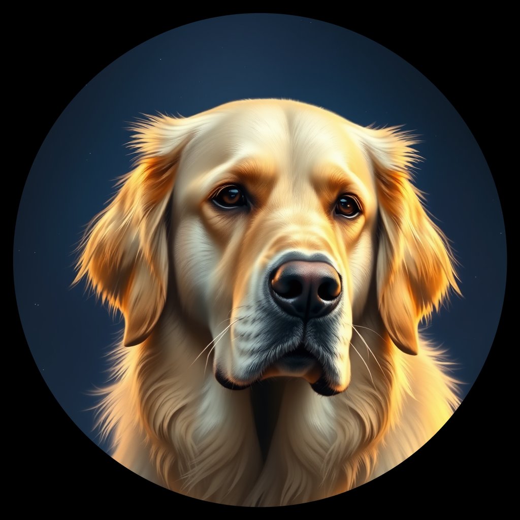 Cosmic medallion portrait of PILOT_grlsKPFOP8UU, a Golden Retriever