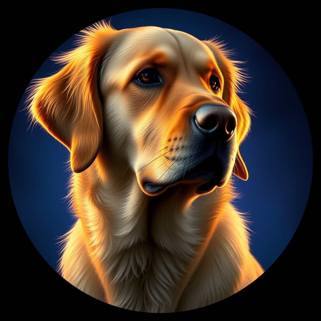Cosmic medallion portrait of PILOT_grlsL2BFTL, a Golden Retriever