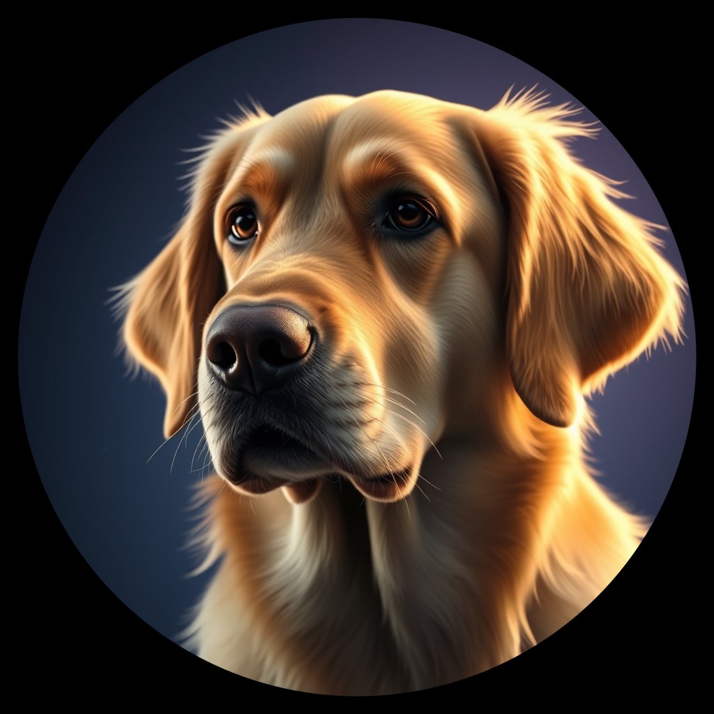 Cosmic medallion portrait of PILOT_grlsL4OT4R44, a Golden Retriever