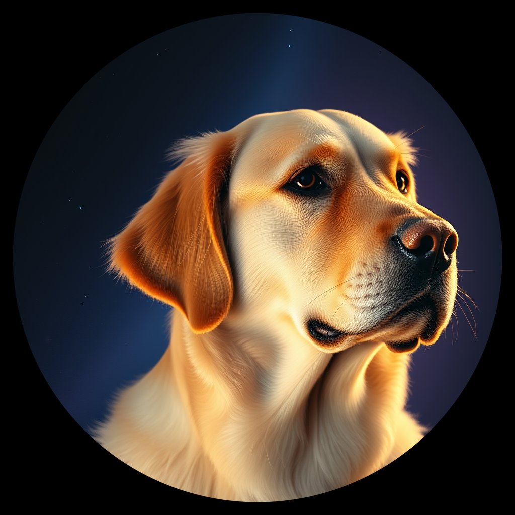 Cosmic medallion portrait of PILOT_grlsL7EU8JJJ, a Golden Retriever