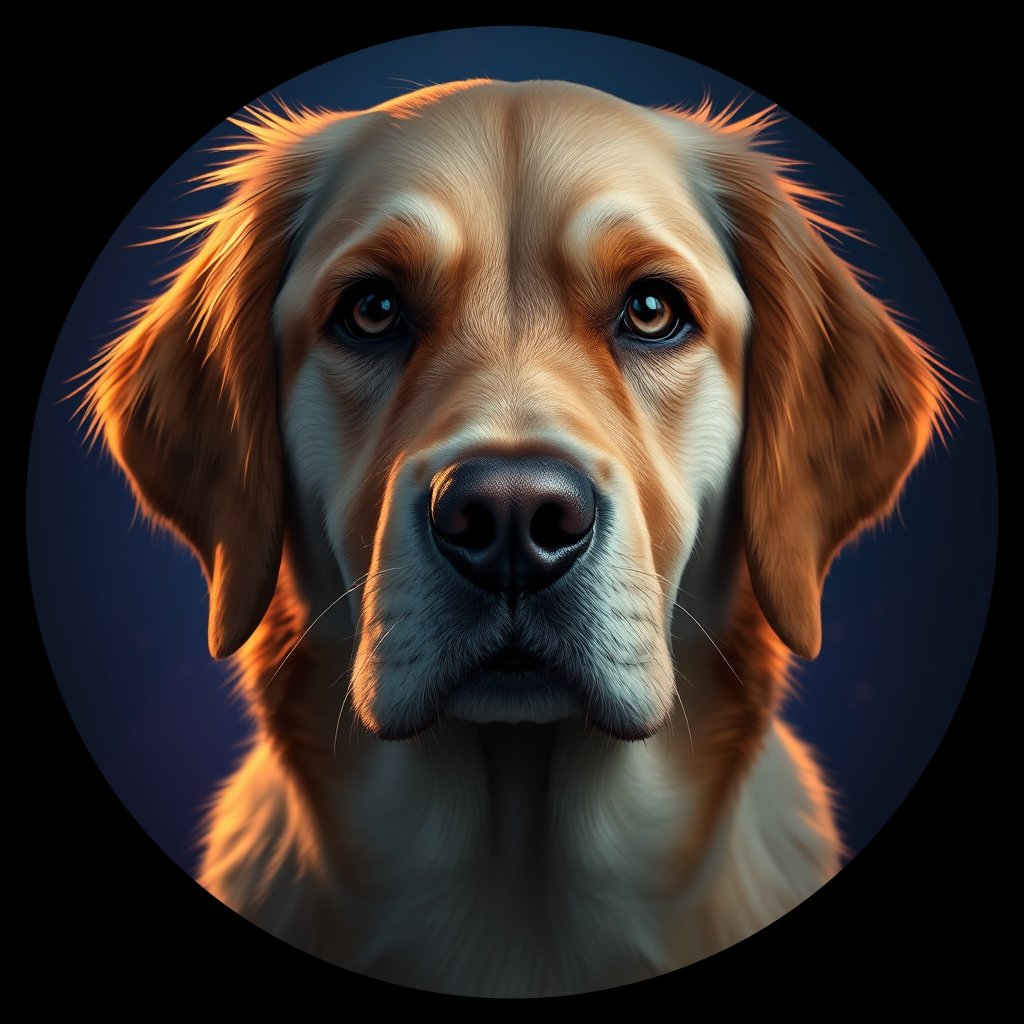 Cosmic medallion portrait of PILOT_grlsL8SOU6CC, a Golden Retriever