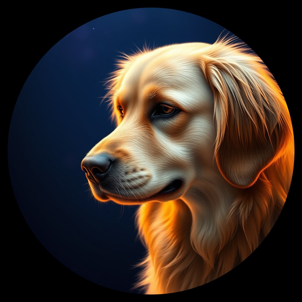 Cosmic medallion portrait of PILOT_grlsLJPZ38GG, a Golden Retriever