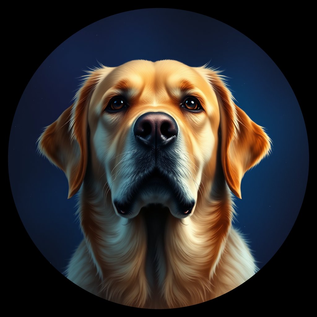 Cosmic medallion portrait of PILOT_grlsLLJFP811, a Golden Retriever