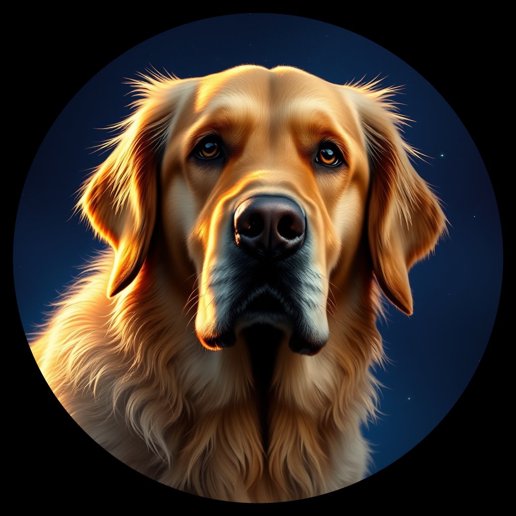 Cosmic medallion portrait of PILOT_grlsLOMQBXZZ, a Golden Retriever