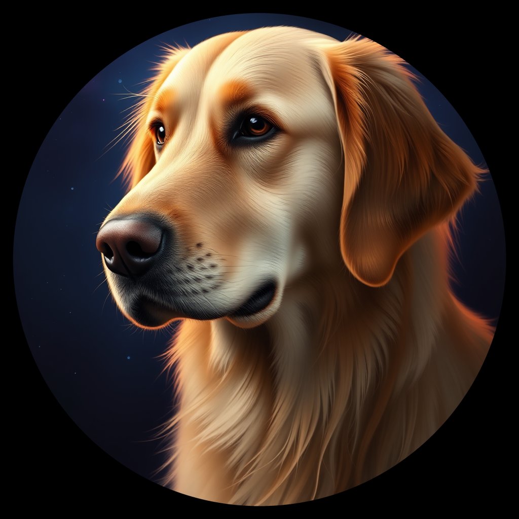 Cosmic medallion portrait of PILOT_grlsM4THSXHH, a Golden Retriever