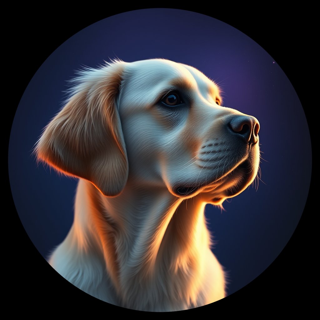 Cosmic medallion portrait of PILOT_grlsN9LGP8BB, a Golden Retriever