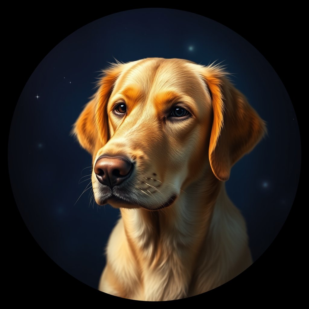 Cosmic medallion portrait of PILOT_grlsOSHFROO, a Golden Retriever