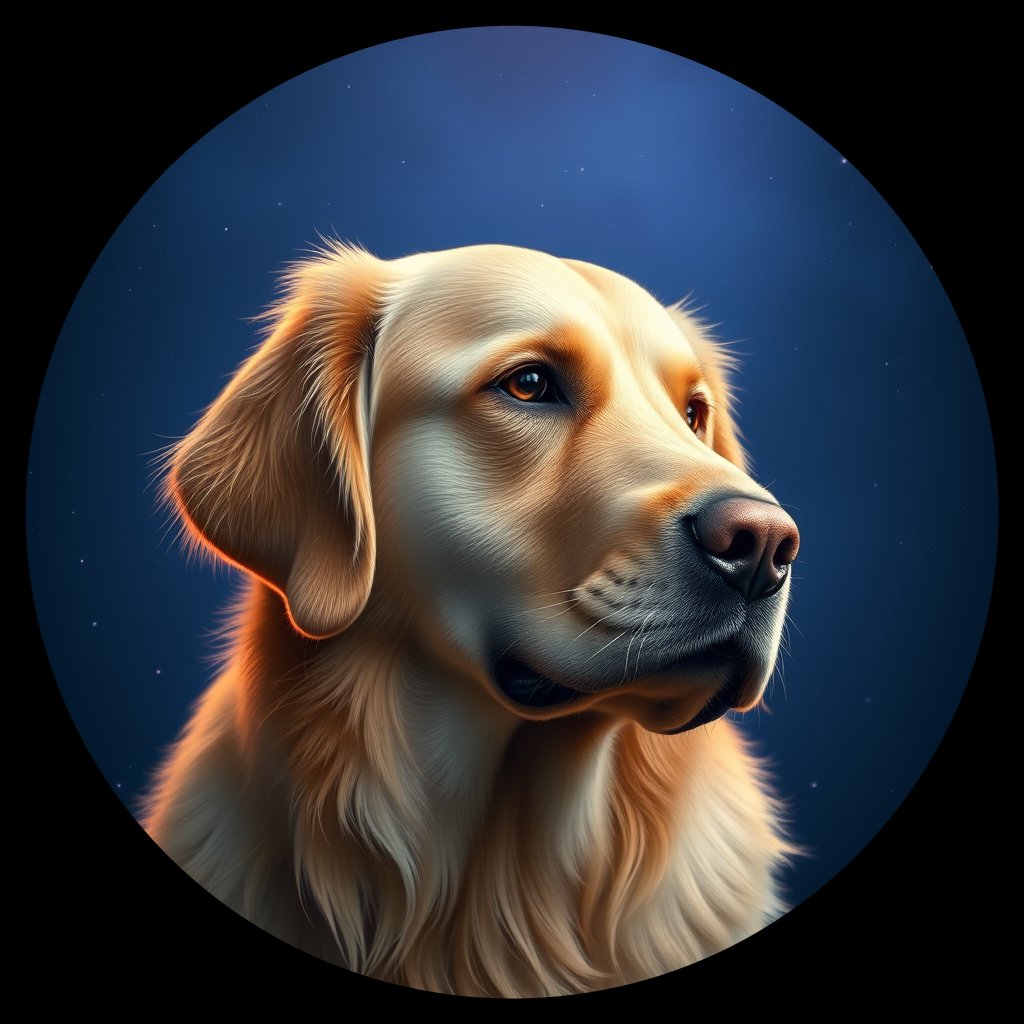 Cosmic medallion portrait of PILOT_grlsPELEFZ77, a Golden Retriever