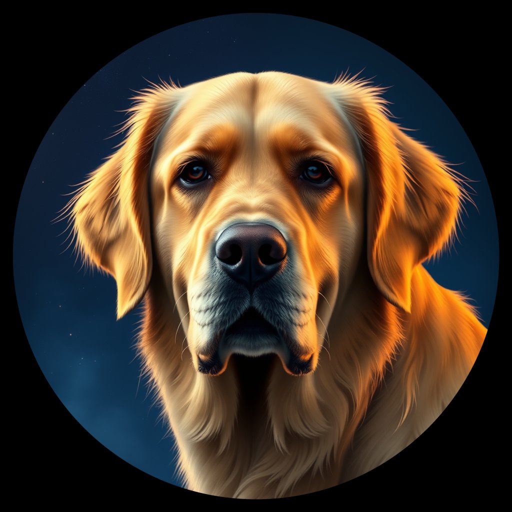 Cosmic medallion portrait of PILOT_grlsPFK771GG, a Golden Retriever