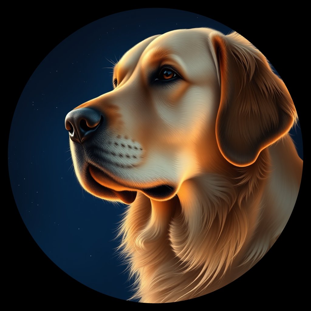 Cosmic medallion portrait of PILOT_grlsPQQI36SS, a Golden Retriever