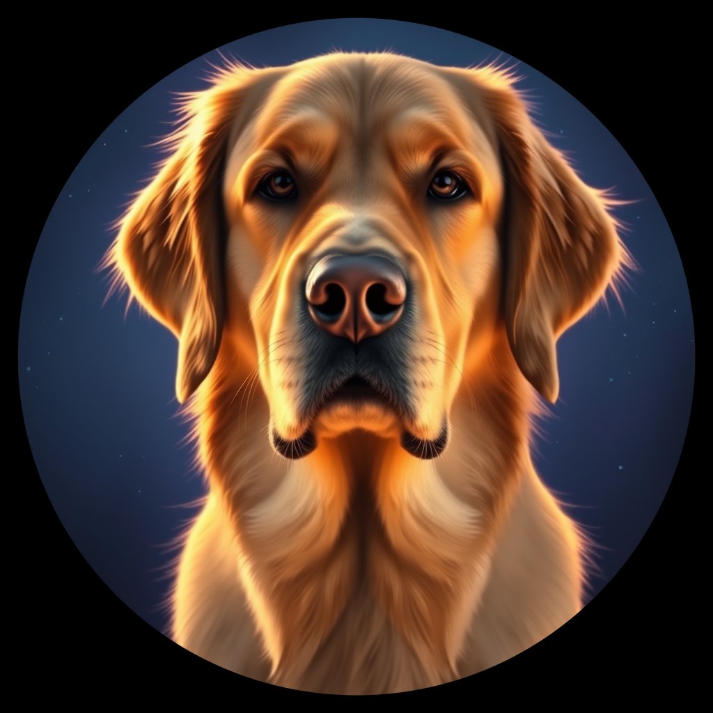 Cosmic medallion portrait of PILOT_grlsQ52HO0, a Golden Retriever