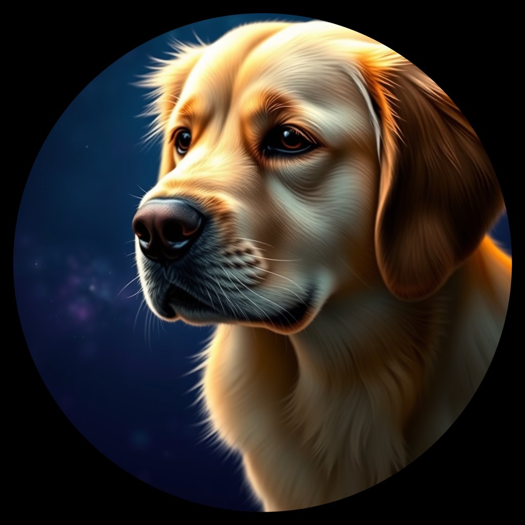 Cosmic medallion portrait of PILOT_grlsQK6Y1QII, a Golden Retriever